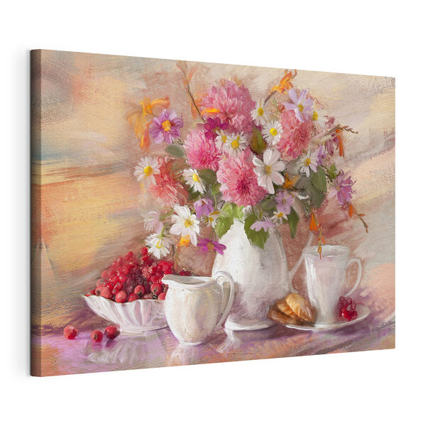 Tableaux Une peinture de fleurs dans un vase et un bol de croissants (UGS : s29240) Tableaux Tableaux Une peinture de fleurs dans un vase et un bol de croissants (UGS : s29240)
