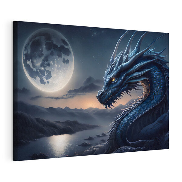 Tableaux Un dragon bleu avec une lune en arrière-plan