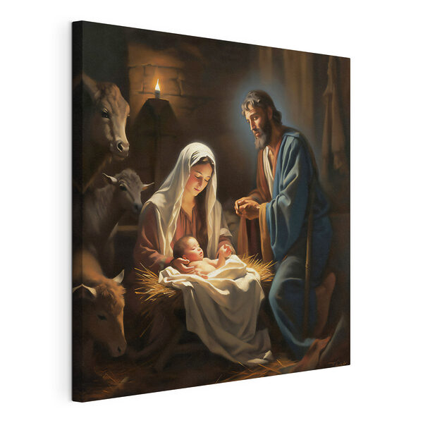 Peinture représentant un homme et une femme dans une mangeoire avec des animaux autour Tableaux Peinture représentant un homme et une femme dans une mangeoire avec des animaux autour