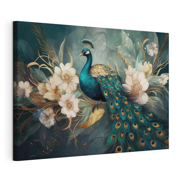 Paon assis sur une branche avec des fleurs Tableaux Paon assis sur une branche avec des fleurs