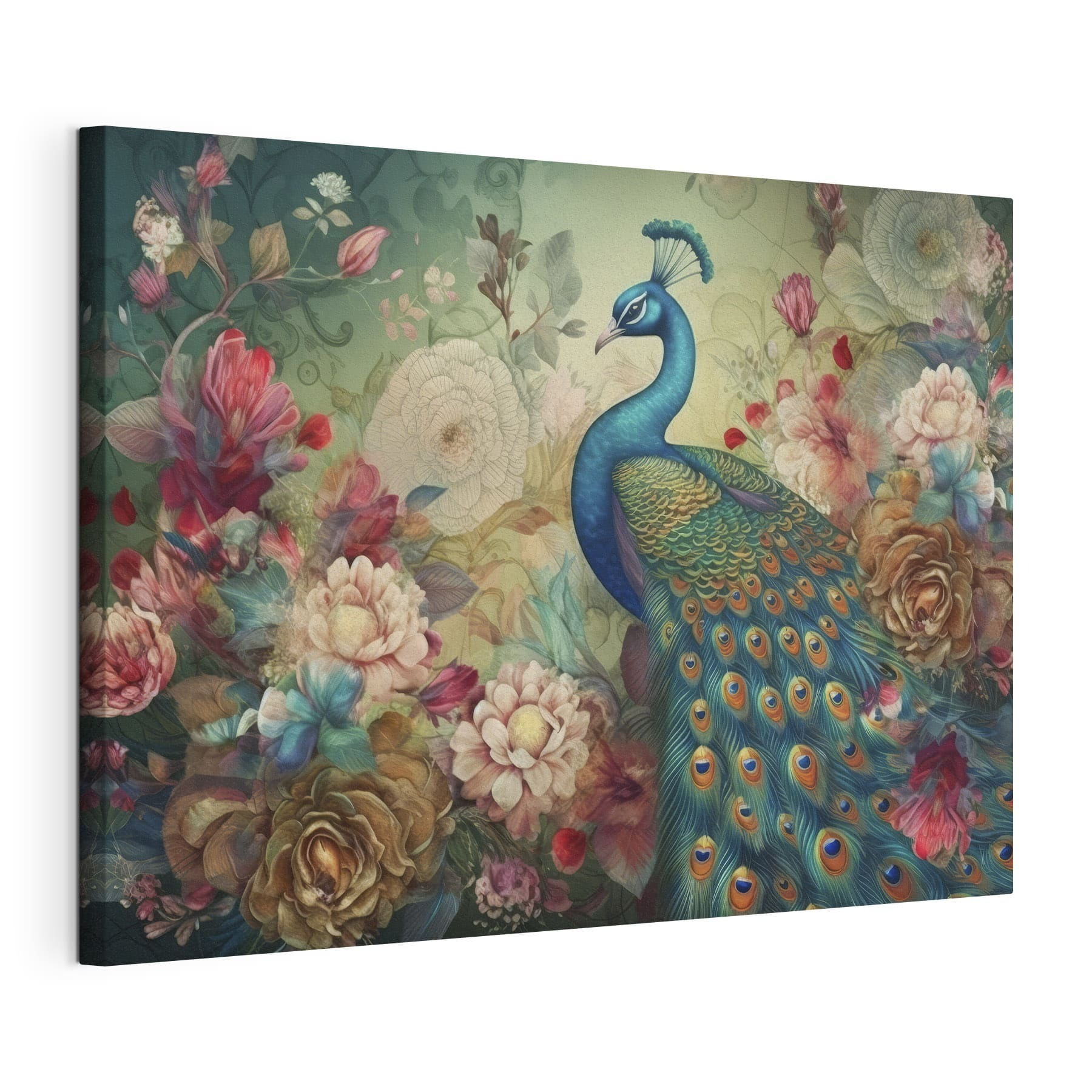 A peacock with flowers and leaves A peacock with flowers and leaves
