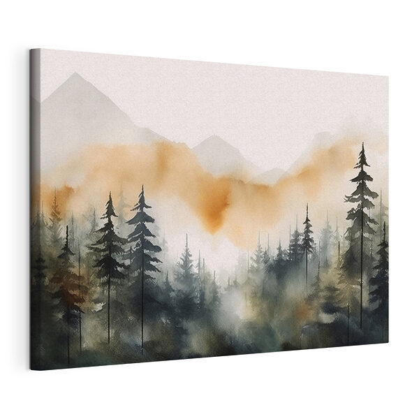 Aquarelle d'une forêt avec des montagnes en arrière-plan Tableaux Aquarelle d'une forêt avec des montagnes en arrière-plan