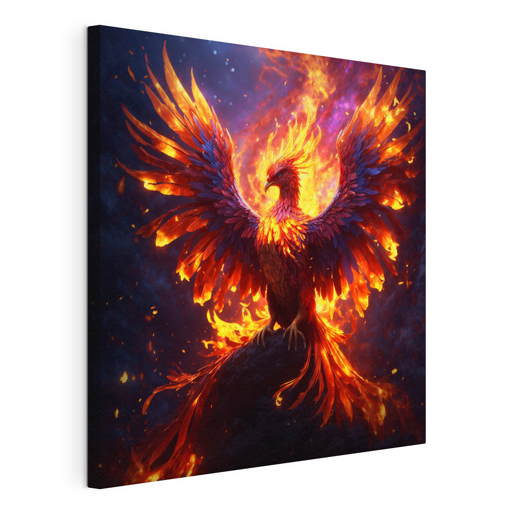 A bird with wings spread and flames in the background A bird with wings spread and flames in the background