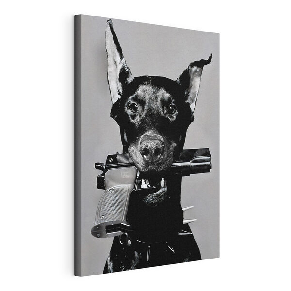 Tableaux Un chien tenant un fusil