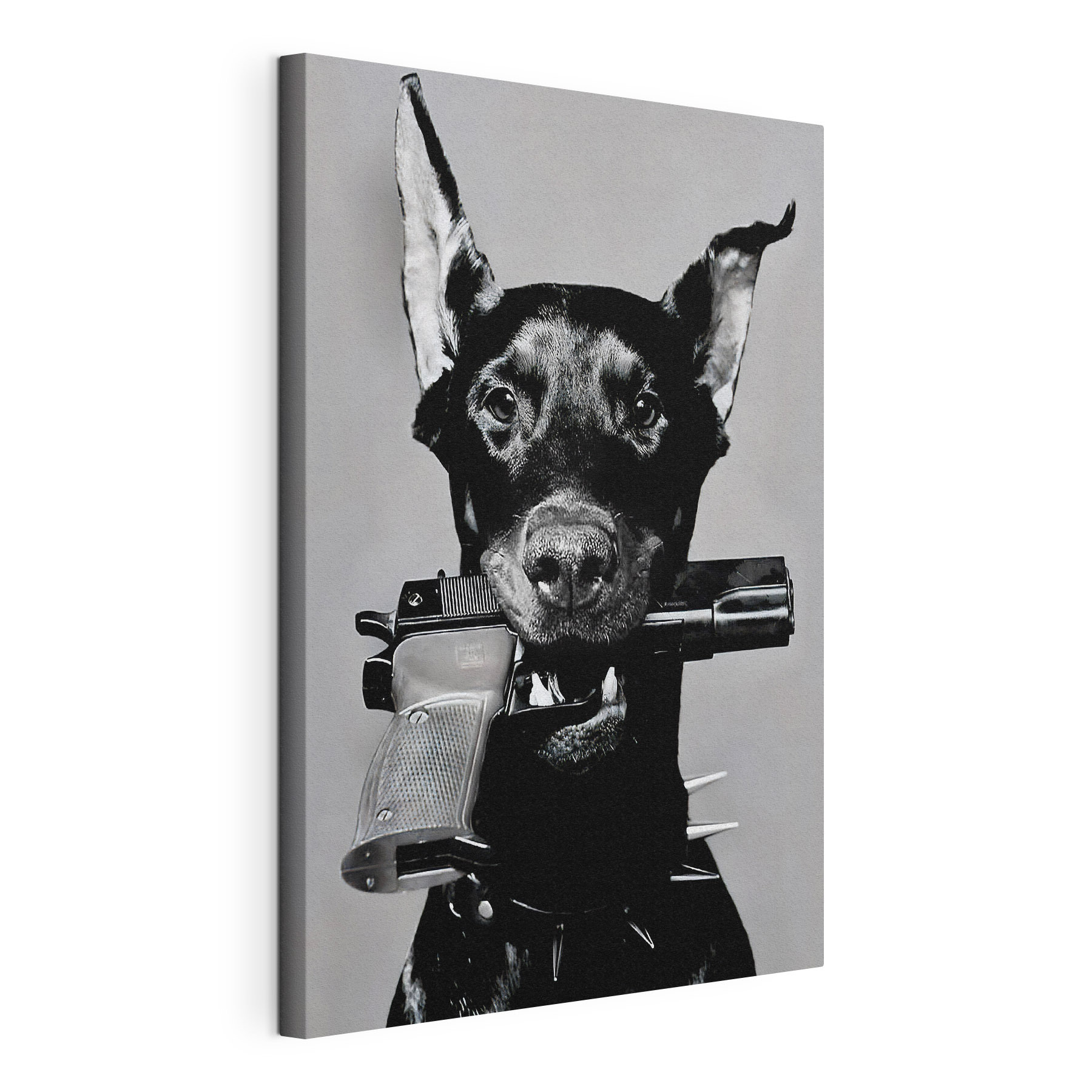 A dog holding a gun A dog holding a gun