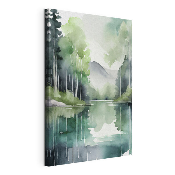 Aquarelle d'un lac entouré d'arbres et de montagnes Tableaux Aquarelle d'un lac entouré d'arbres et de montagnes