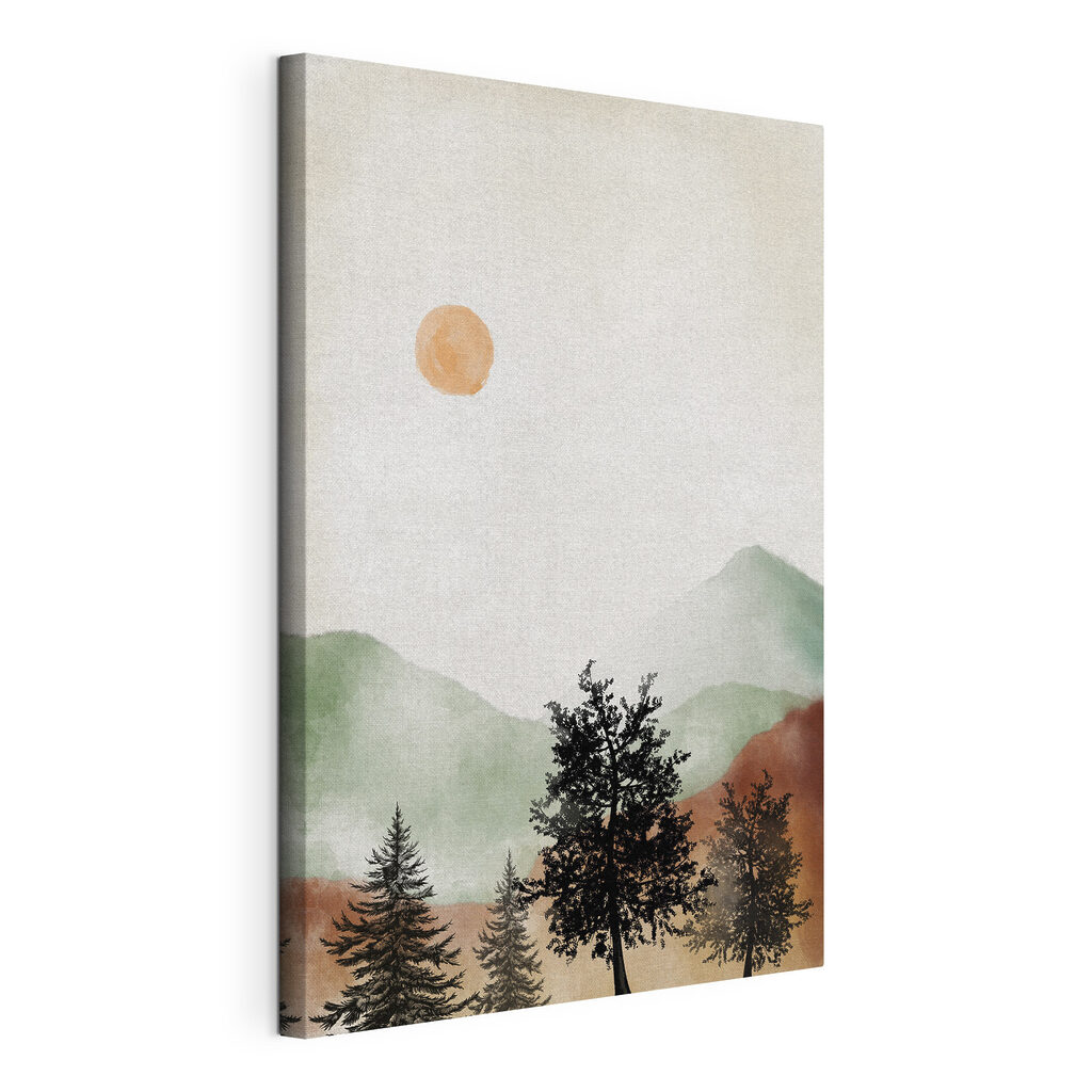 A painting of a mountain landscape with trees and mountains