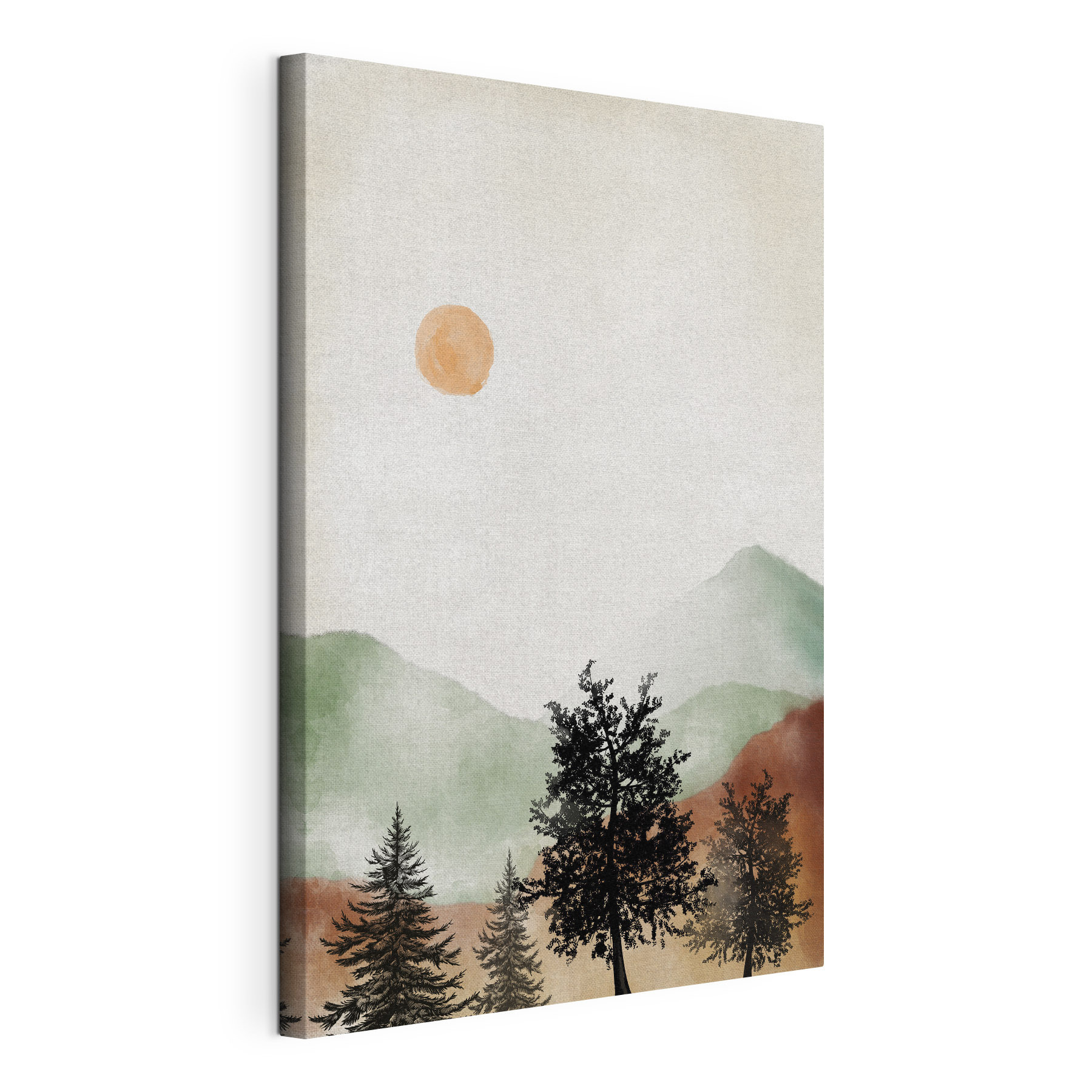 A painting of a mountain landscape with trees and mountains