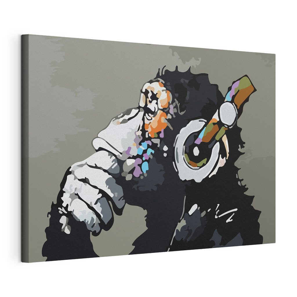 A cartoon of a monkey holding a headphone