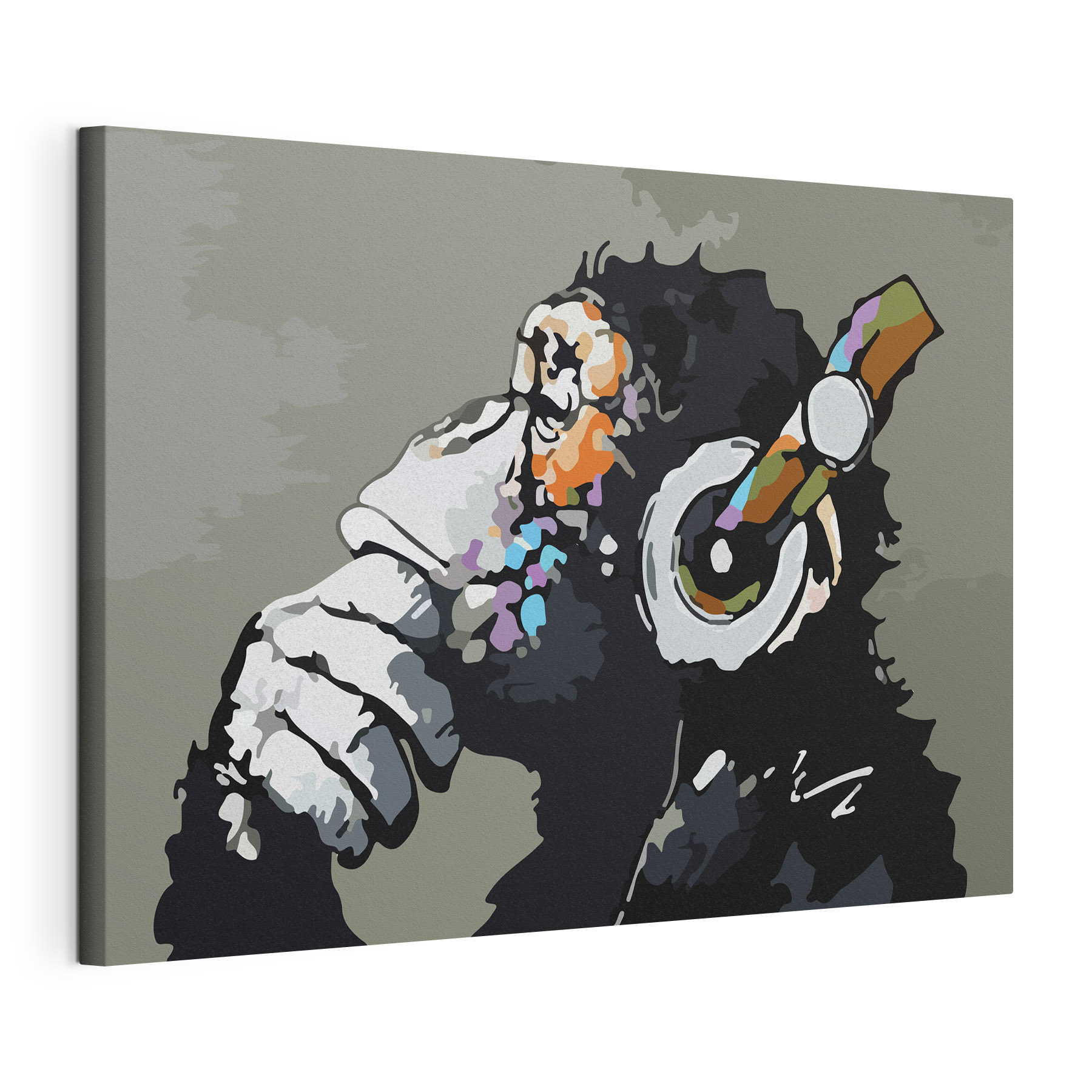 A cartoon of a monkey holding a headphone