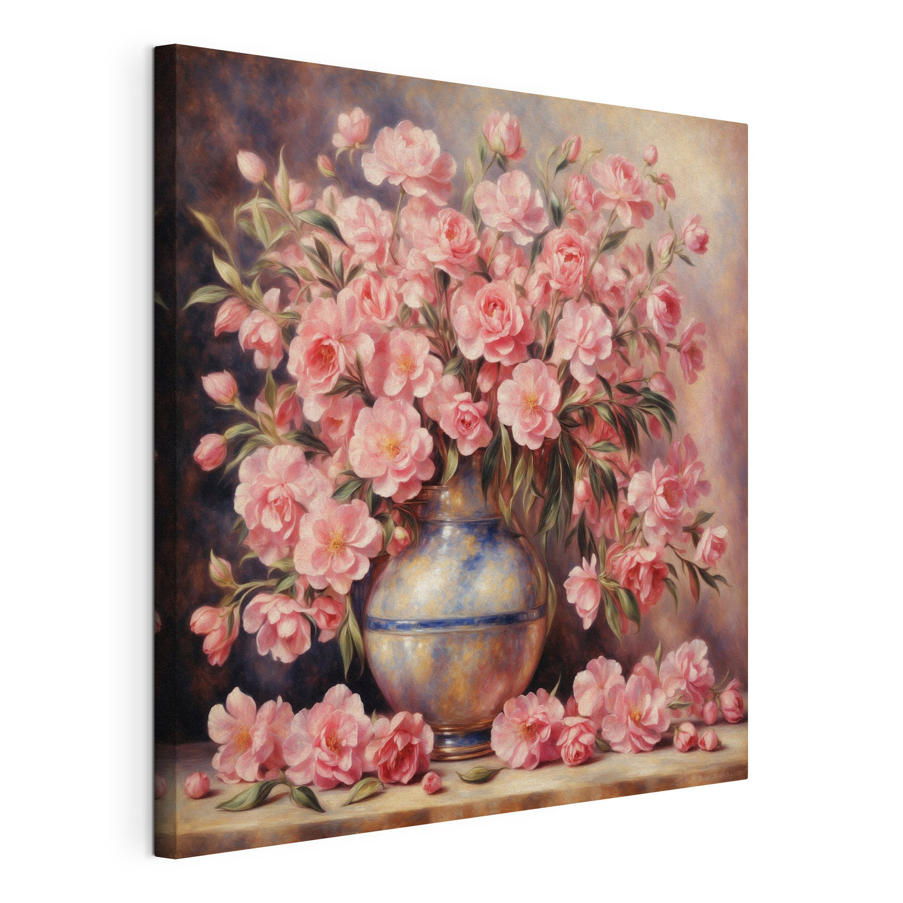 A painting of pink flowers in a vase