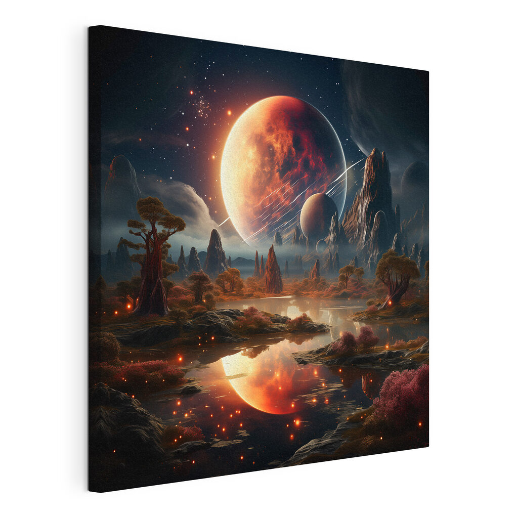 A landscape with a river and a moon
