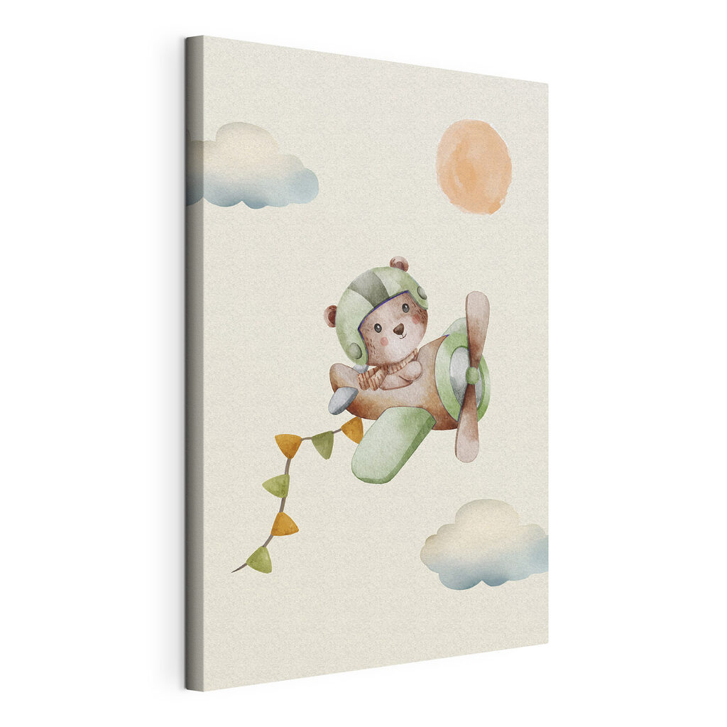 A watercolor painting of a teddy bear in a plane A watercolor painting of a teddy bear in a plane