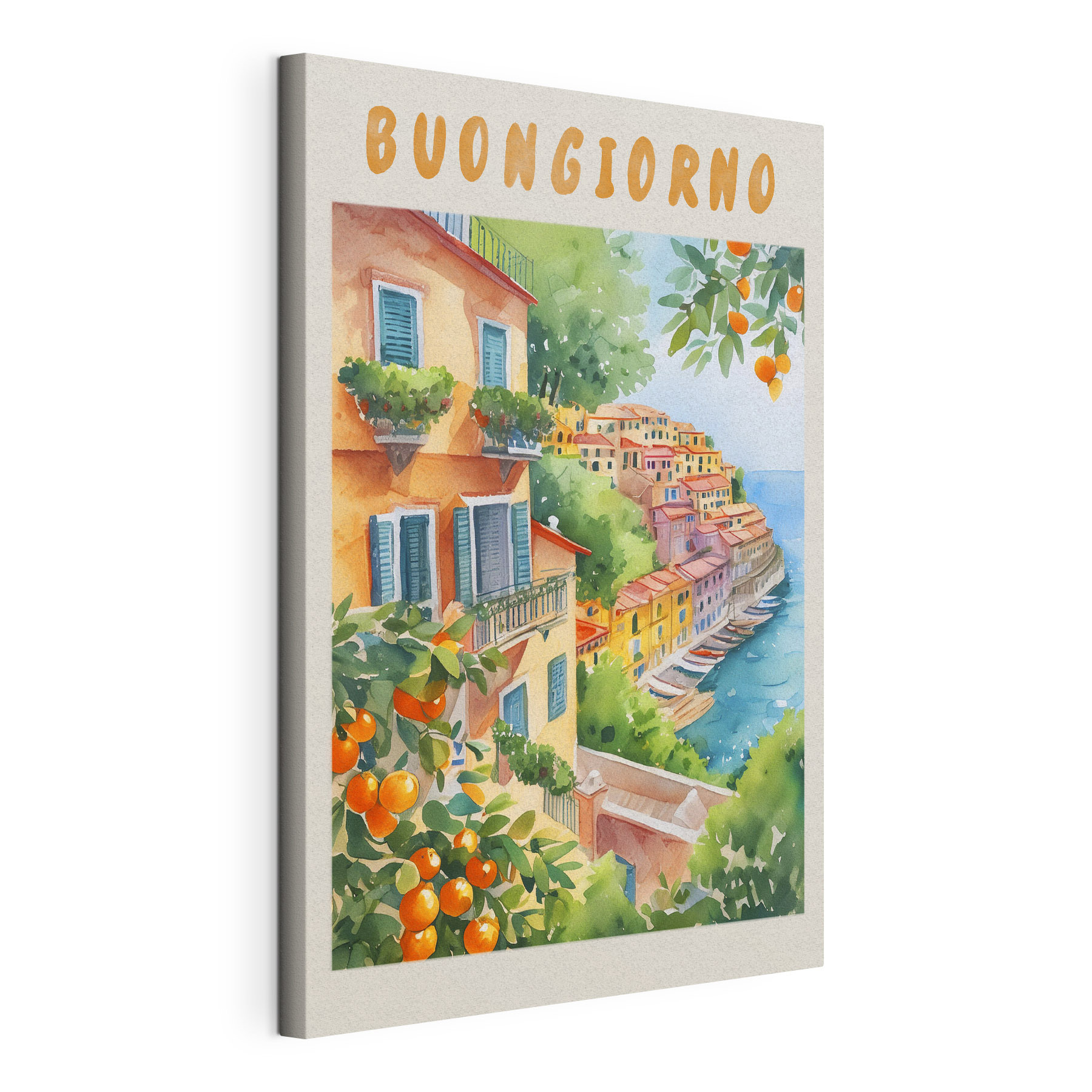 Watercolor painting of a town by the water Watercolor painting of a town by the water