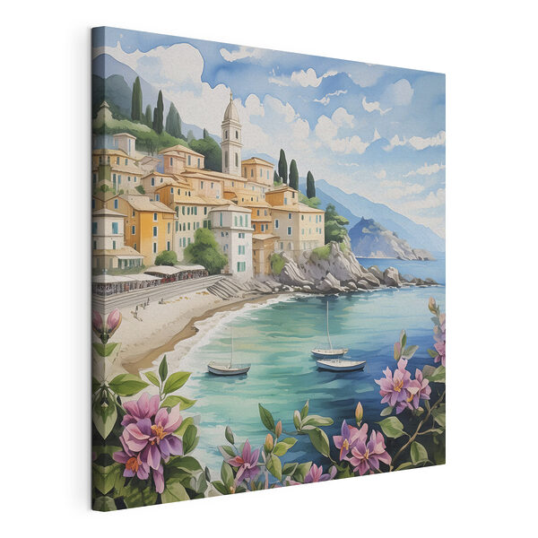 Tableaux Peinture d'une ville sur une plage avec des bateaux et des fleurs (UGS : s39299) Tableaux Tableaux Peinture d'une ville sur une plage avec des bateaux et des fleurs (UGS : s39299)