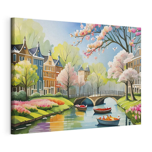 Tableaux Une peinture d'une rivière avec des bateaux, un pont et des arbres (UGS : s39301) Tableaux Tableaux Une peinture d'une rivière avec des bateaux, un pont et des arbres (UGS : s39301)