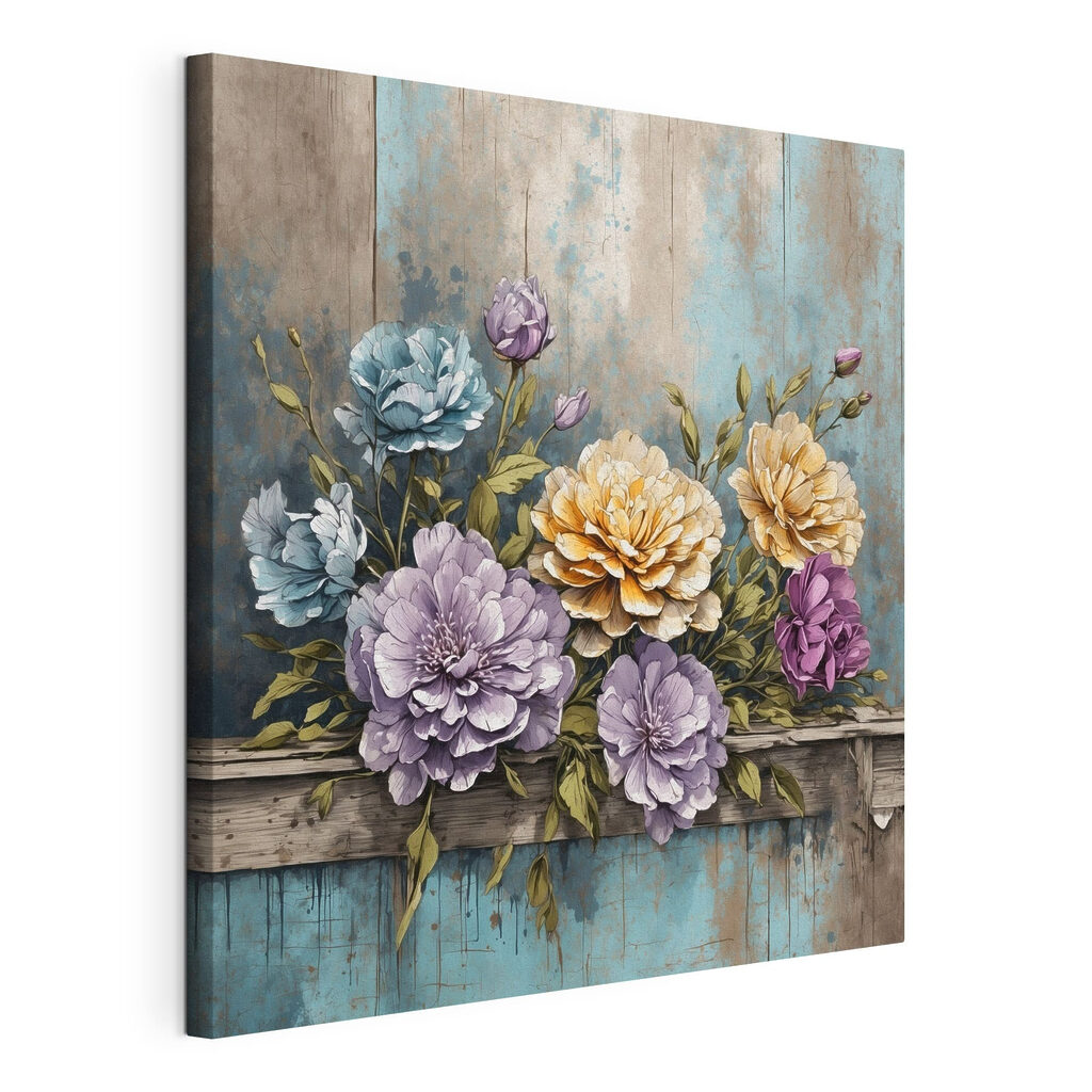 A painting of flowers on a wood ledge A painting of flowers on a wood ledge