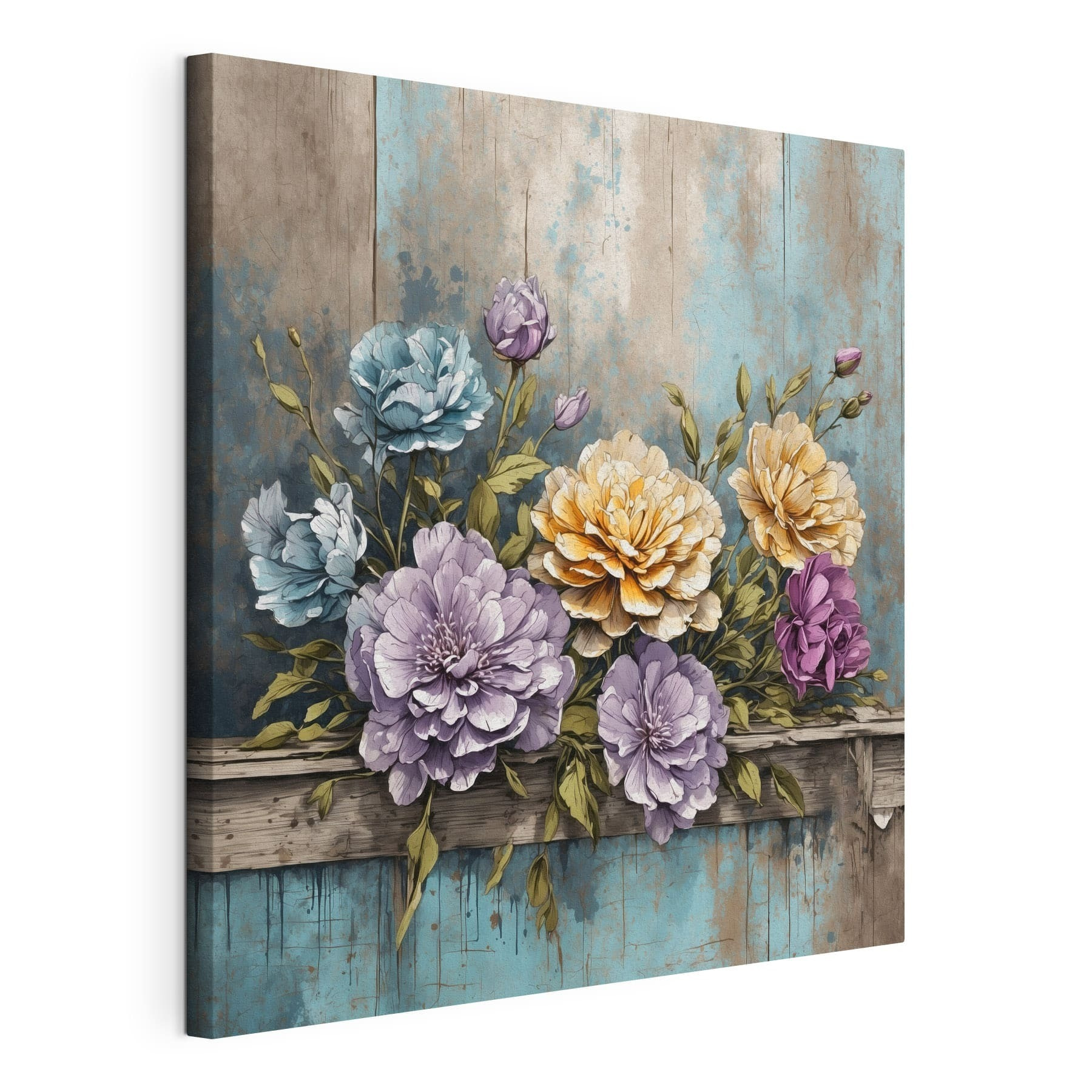 A painting of flowers on a wood ledge A painting of flowers on a wood ledge
