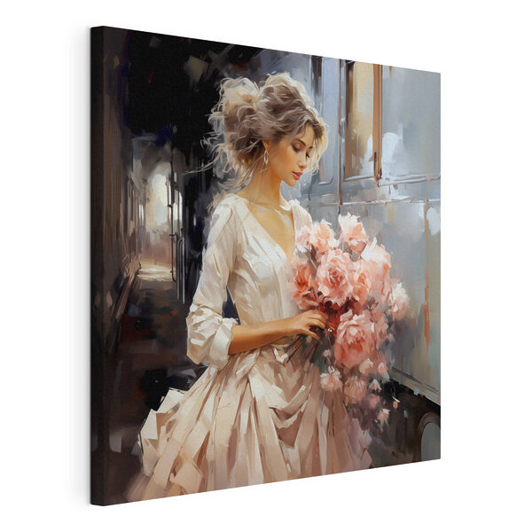 Tableaux Une femme tenant des fleurs dans un train