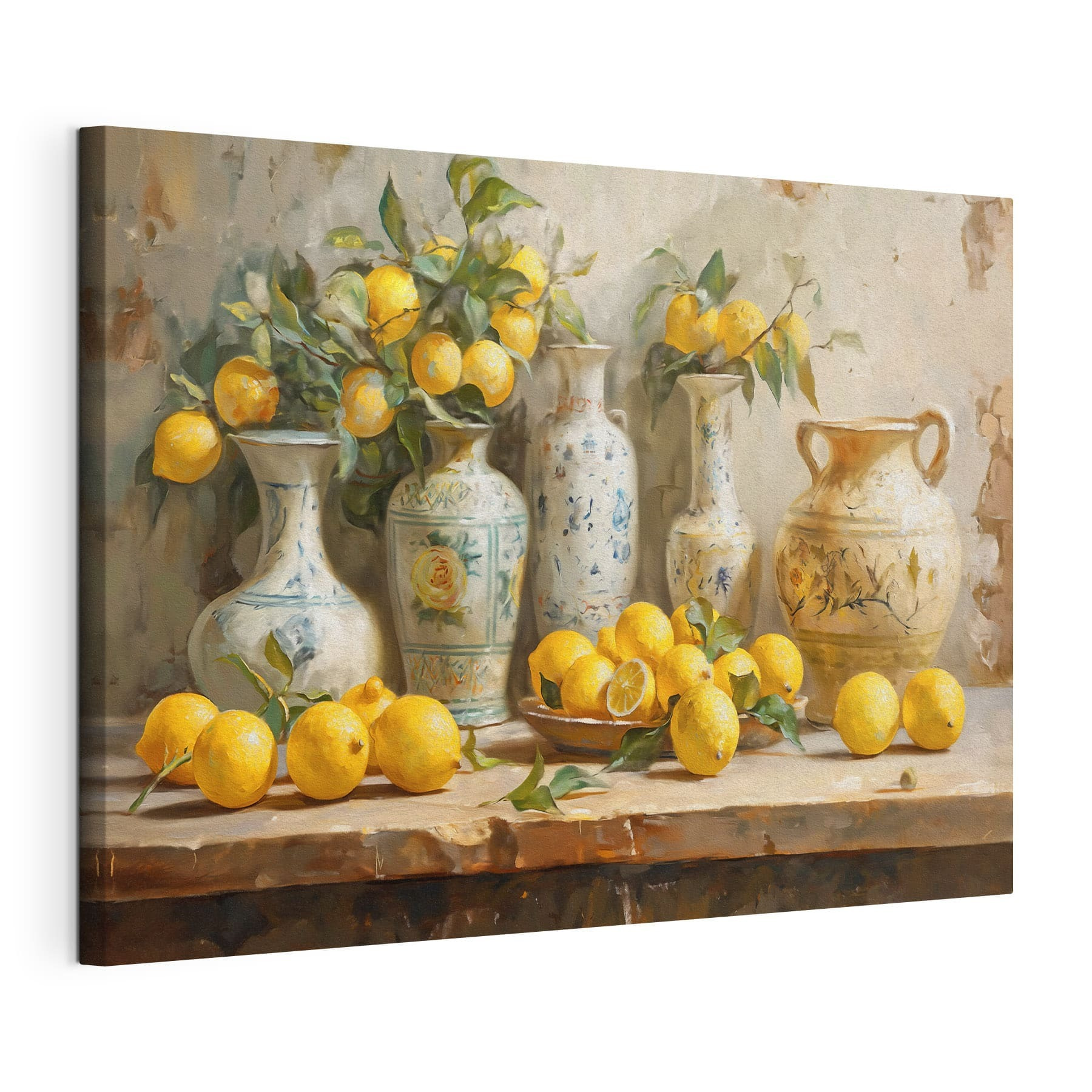 Painting of lemons and vases on a table Painting of lemons and vases on a table