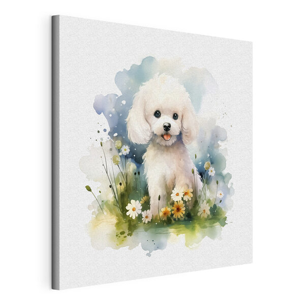 Chien blanc assis dans un champ de fleurs Tableaux Chien blanc assis dans un champ de fleurs