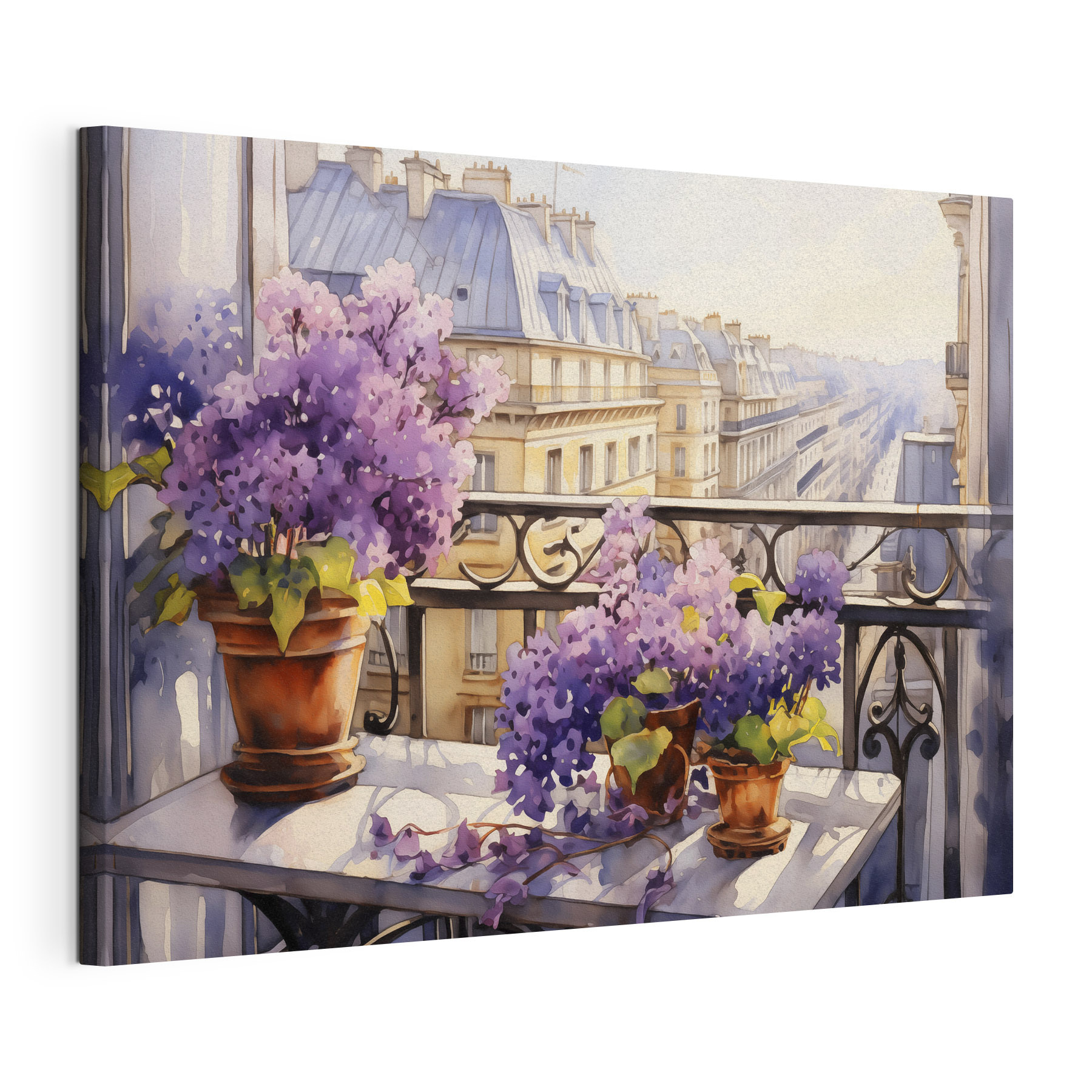 Watercolor painting of a balcony with purple flowers Watercolor painting of a balcony with purple flowers