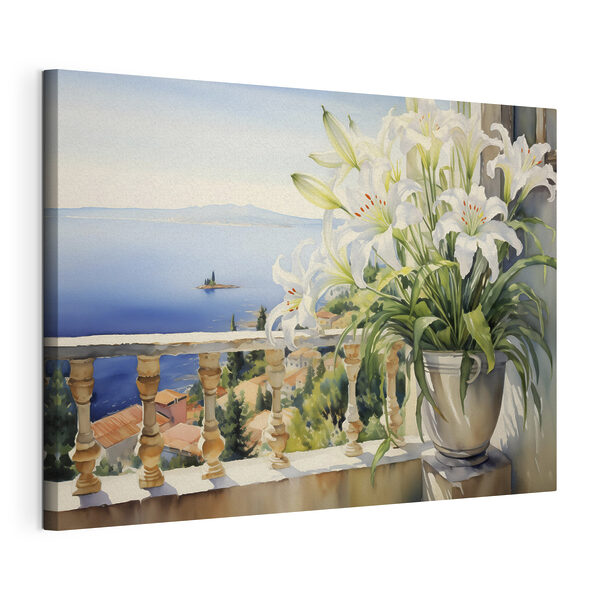 Peinture d'un balcon avec vue sur la ville et la mer Tableaux Peinture d'un balcon avec vue sur la ville et la mer
