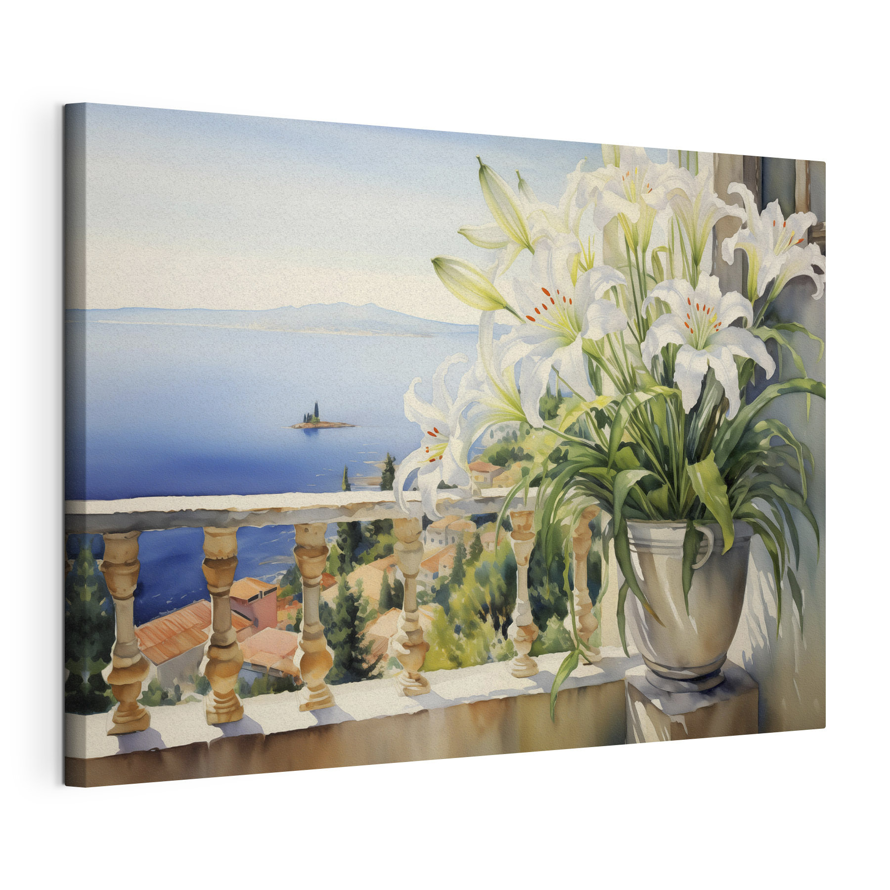 Painting of a balcony with a view of a city and a sea Painting of a balcony with a view of a city and a sea