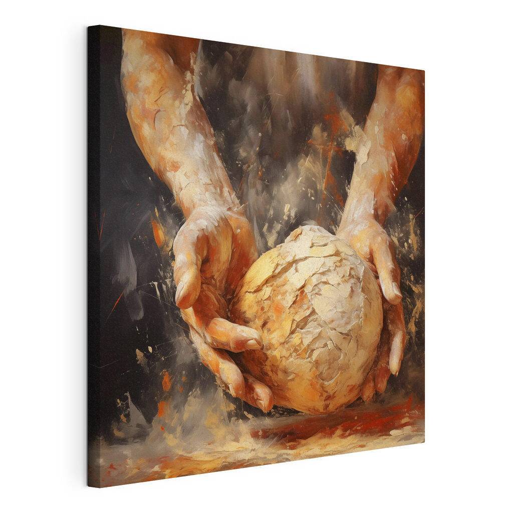 Painting of hands holding a ball of bread Painting of hands holding a ball of bread