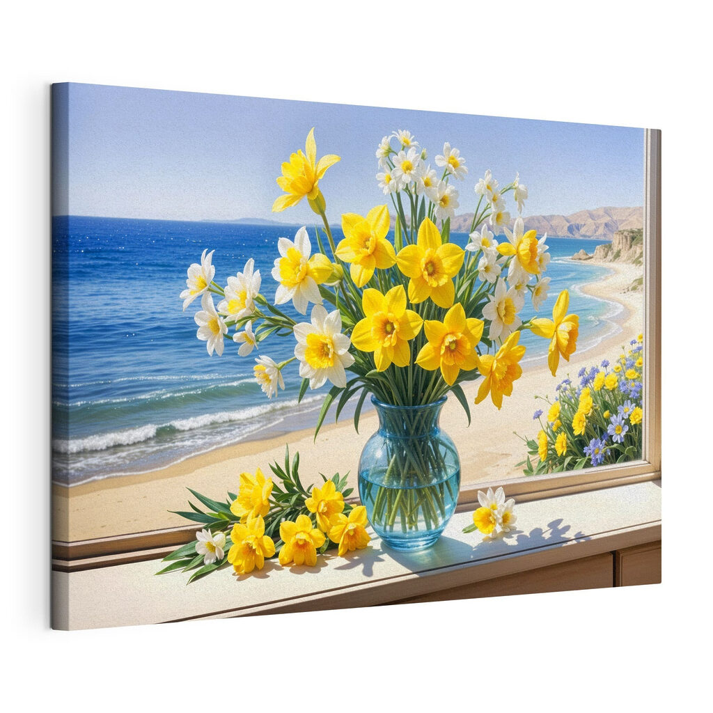 Vase of yellow and white flowers on a window sill Vase of yellow and white flowers on a window sill