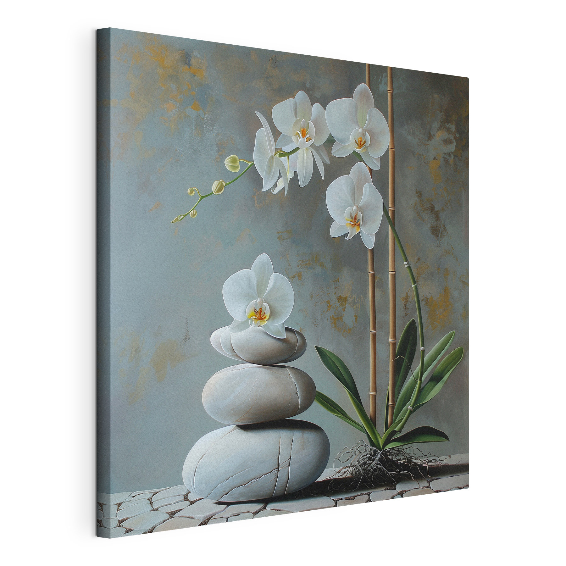 Painting of a plant and a stack of rocks
