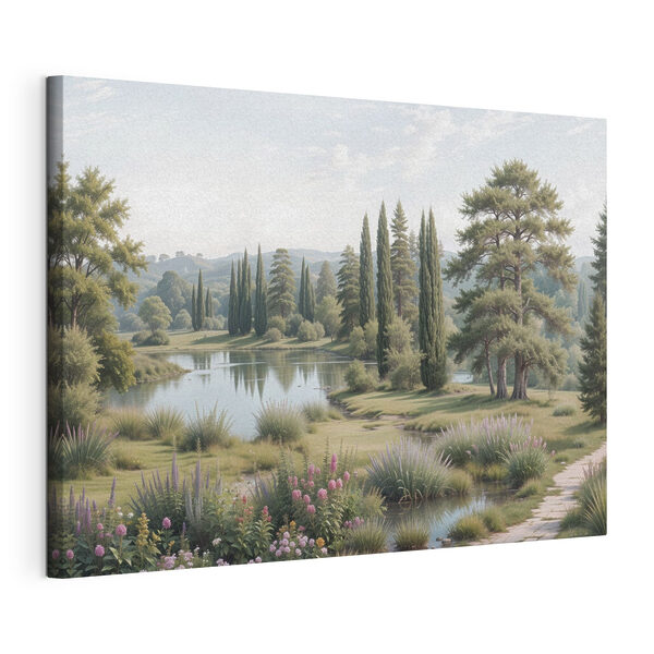 Lac avec des arbres, de l'herbe et des fleurs Tableaux Lac avec des arbres, de l'herbe et des fleurs