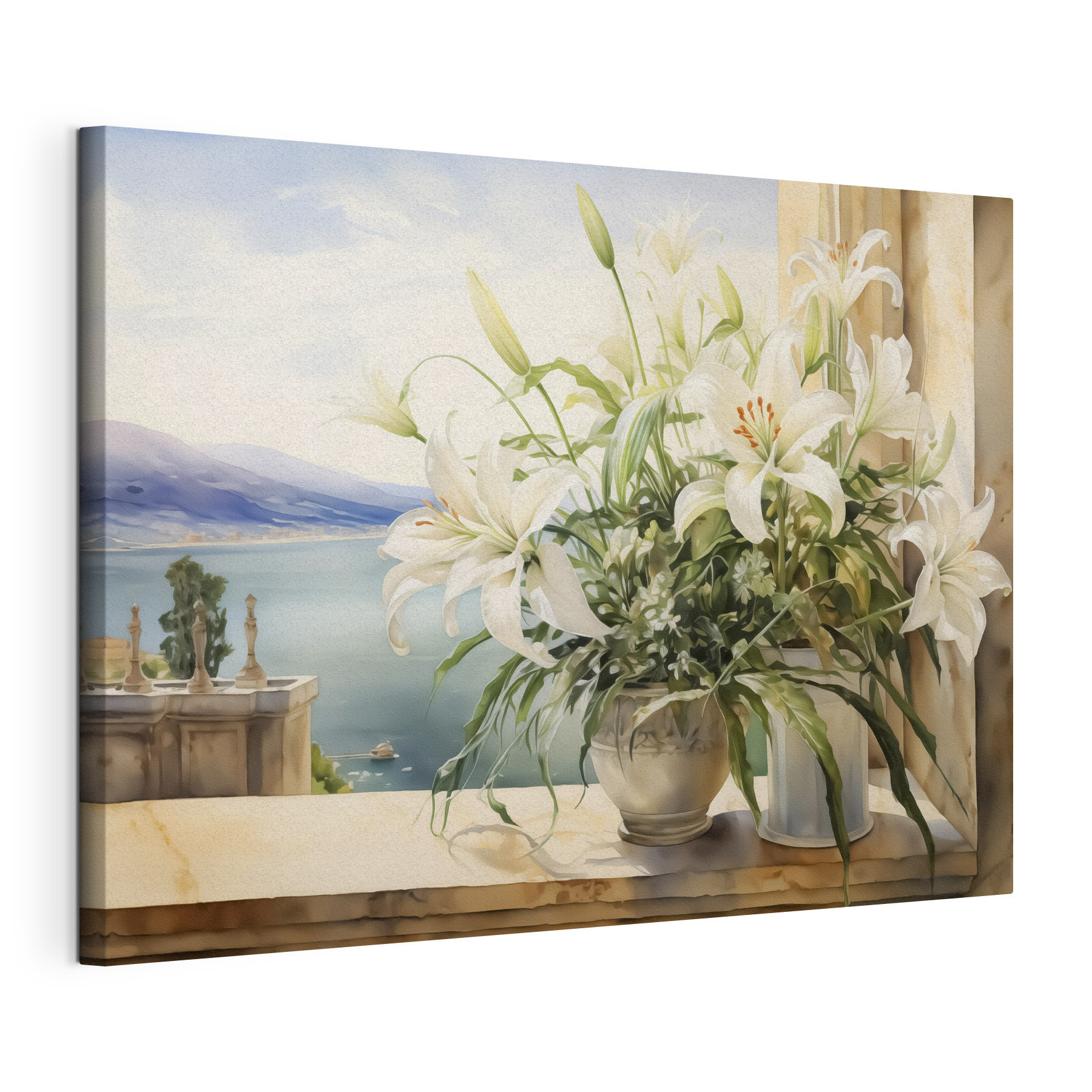 Painting of a white flower pot with white flowers