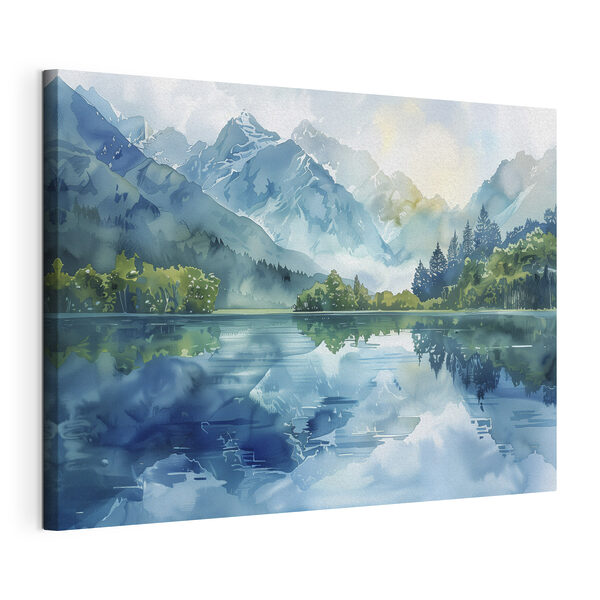 Peinture à l'eau d'un lac avec des arbres et des montagnes en arrière-plan Tableaux Peinture à l'eau d'un lac avec des arbres et des montagnes en arrière-plan