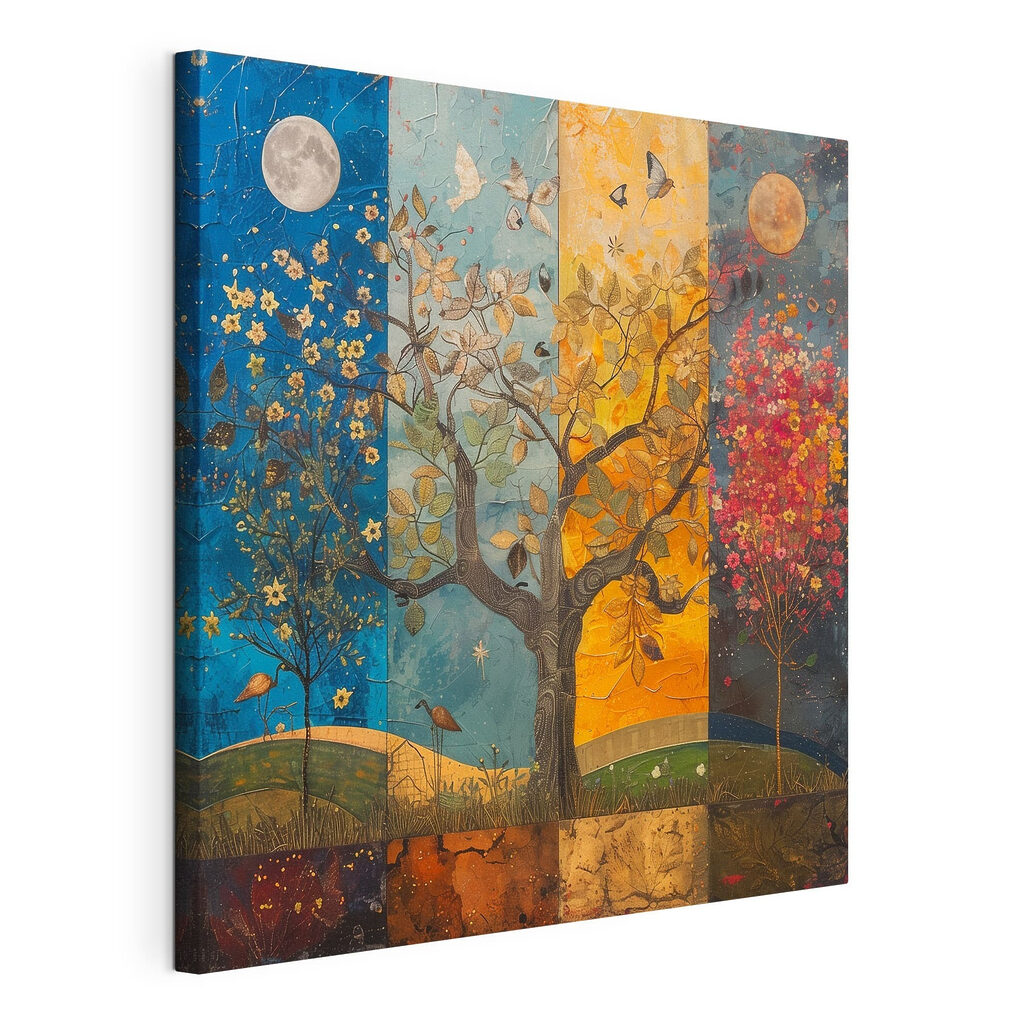 Painting of a tree with different colors of trees and birds Painting of a tree with different colors of trees and birds