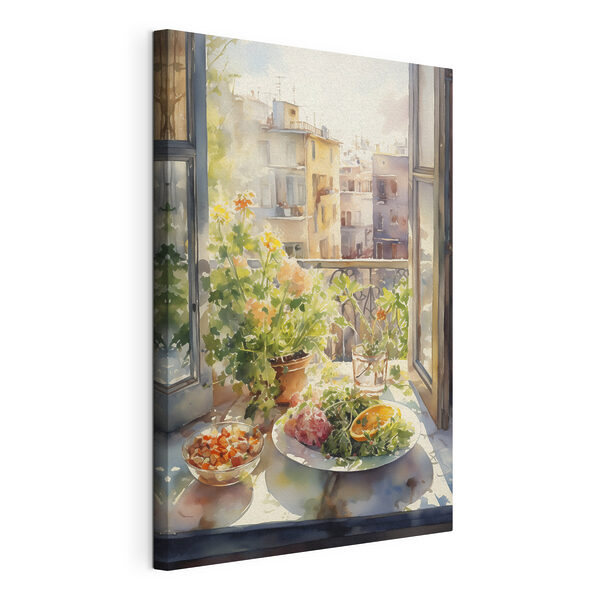 Tableaux Peinture à l'aquarelle d'une table avec de la nourriture et des fleurs devant une fenêtre (UGS : s41166) Tableaux Tableaux Peinture à l'aquarelle d'une table avec de la nourriture et des fleurs devant une fenêtre (UGS : s41166)