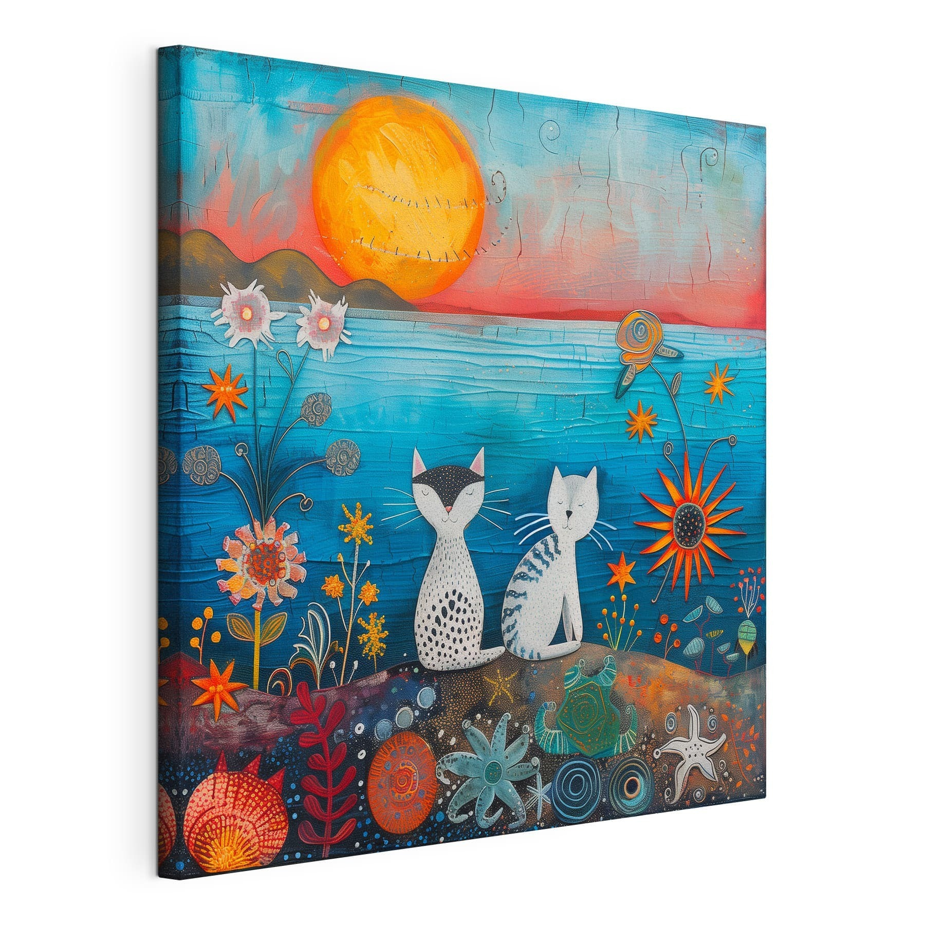 A painting of cats sitting on a hill A painting of cats sitting on a hill