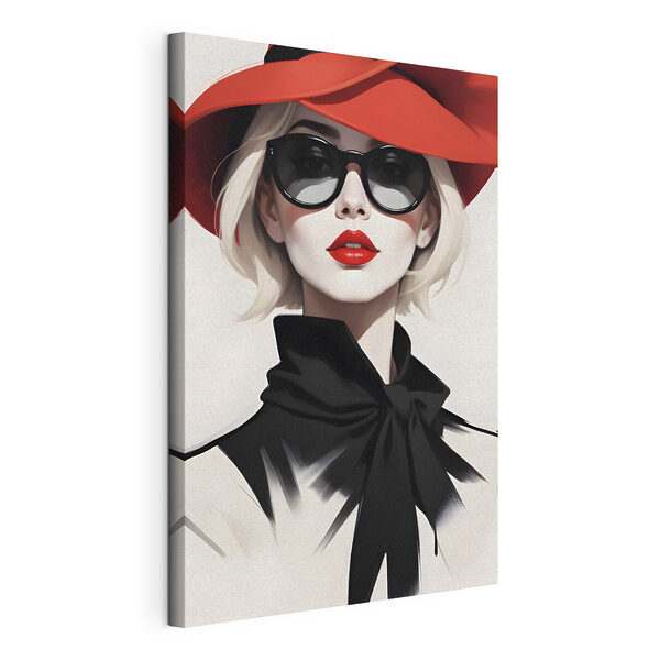 Une femme portant un chapeau rouge et des lunettes de soleil Tableaux Une femme portant un chapeau rouge et des lunettes de soleil
