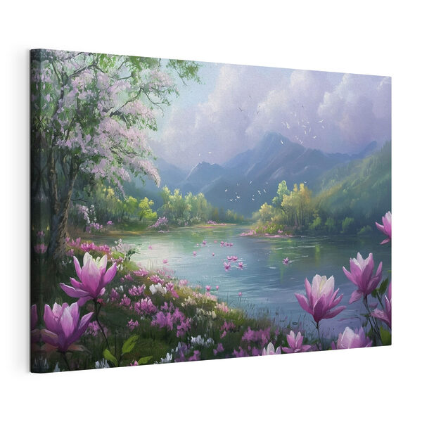 Rivière avec fleurs et montagnes en arrière-plan Tableaux Rivière avec fleurs et montagnes en arrière-plan