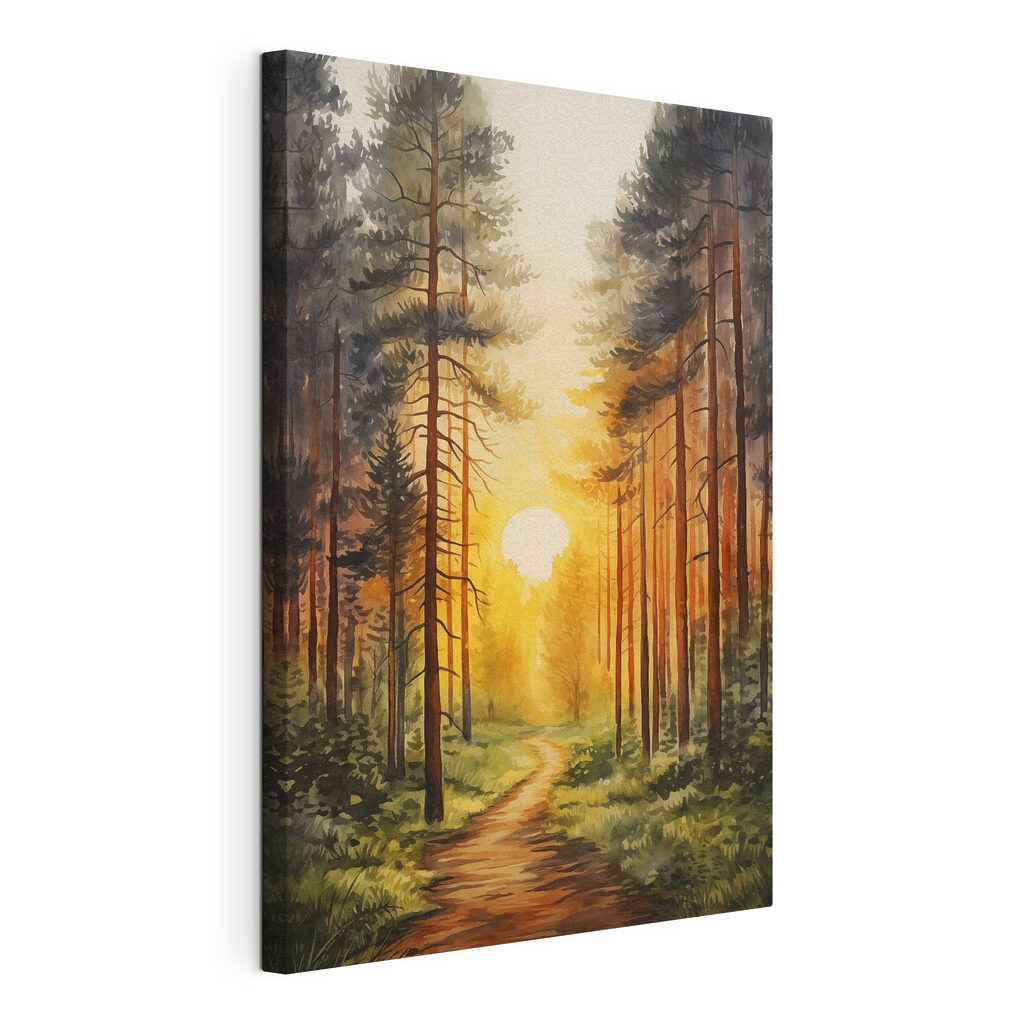 Painting of a forest with a path and trees Painting of a forest with a path and trees