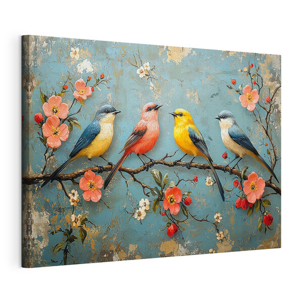 Groupe d'oiseaux sur une branche avec des fleurs Tableaux Groupe d'oiseaux sur une branche avec des fleurs