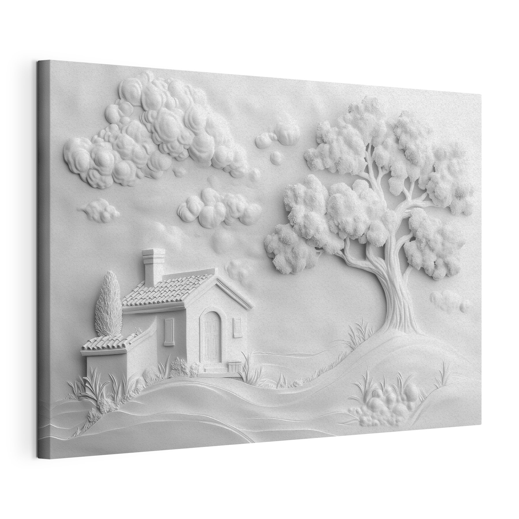 White wall art with a house and tree White wall art with a house and tree