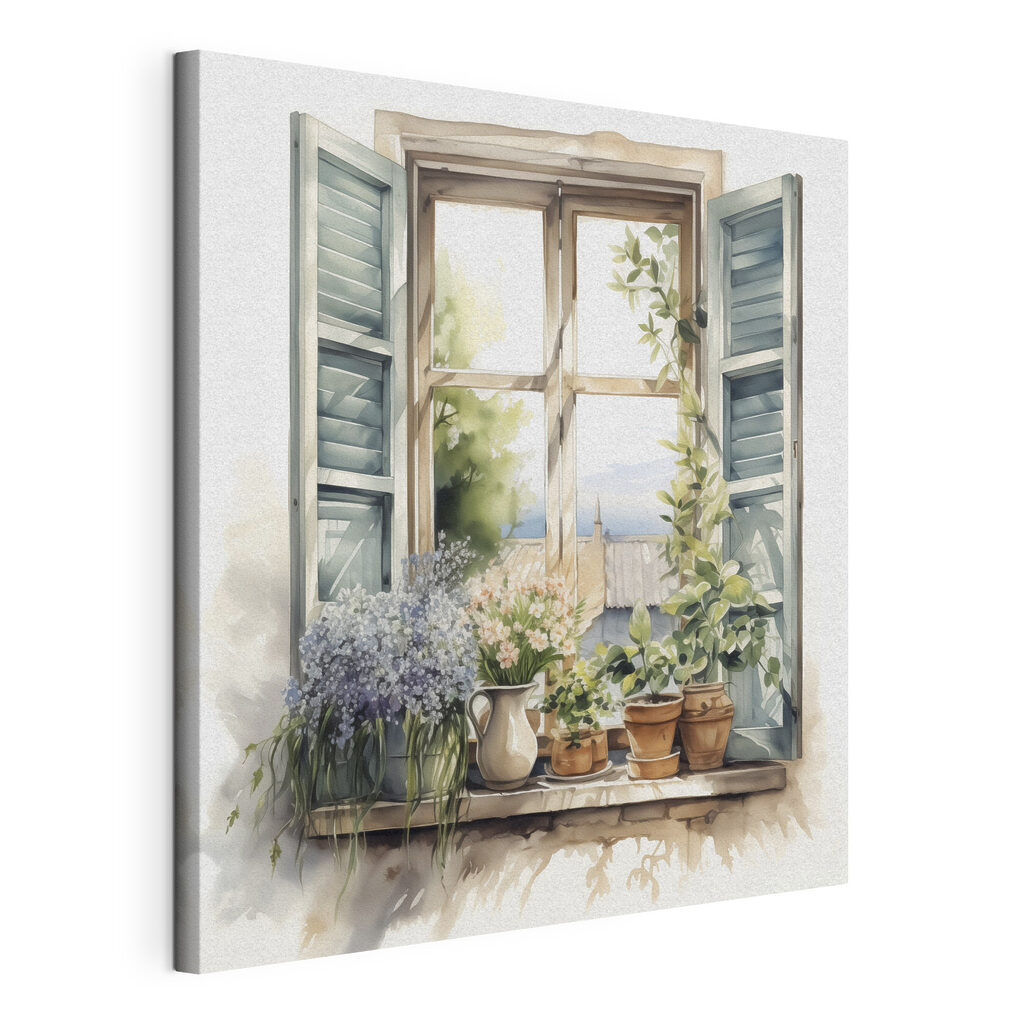 Watercolor painting of a window with potted plants