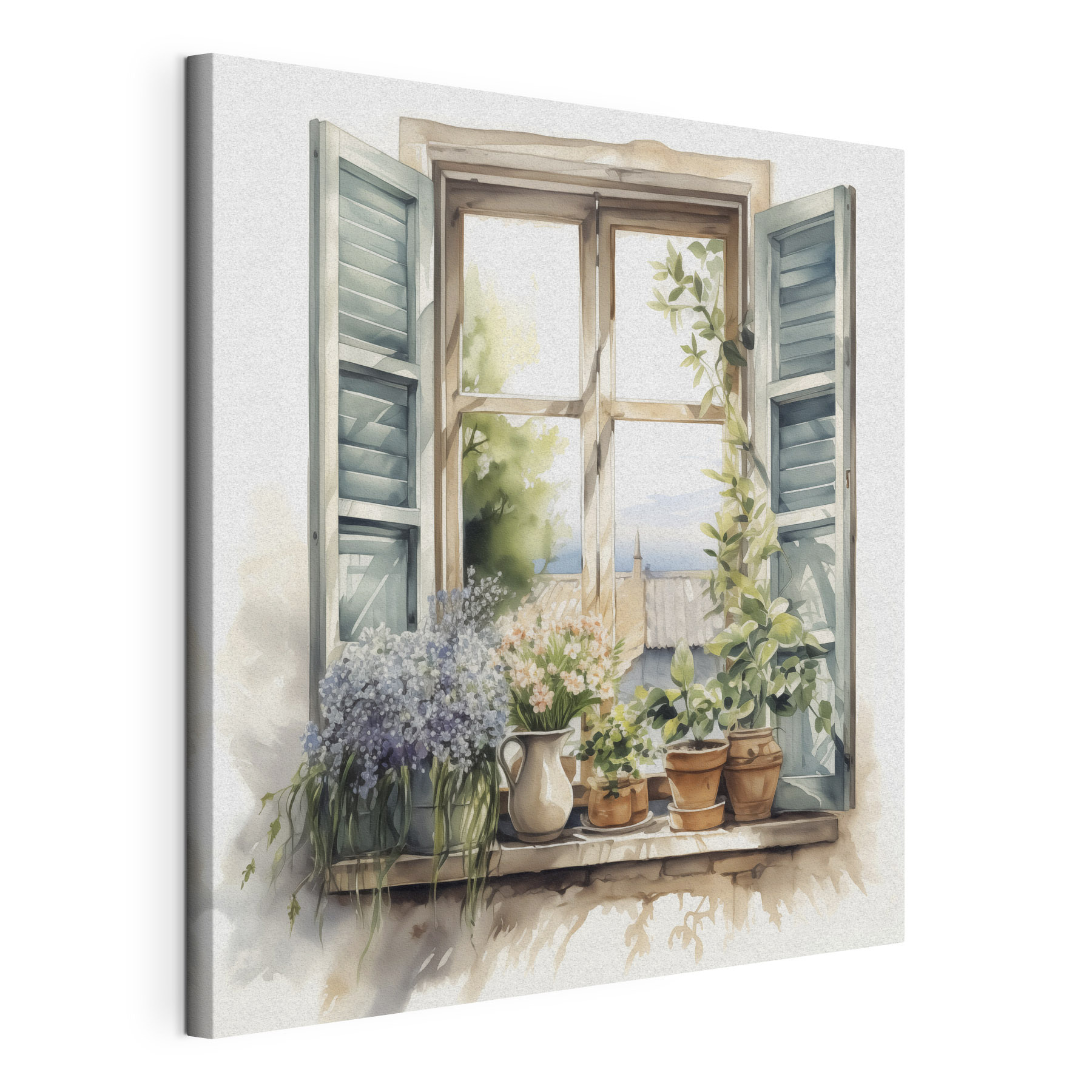 Watercolor painting of a window with potted plants