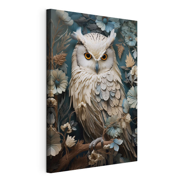 Tableaux Hibou blanc aux yeux jaunes sur fond bleu avec des fleurs (UGS : s42283) Tableaux Tableaux Hibou blanc aux yeux jaunes sur fond bleu avec des fleurs (UGS : s42283)