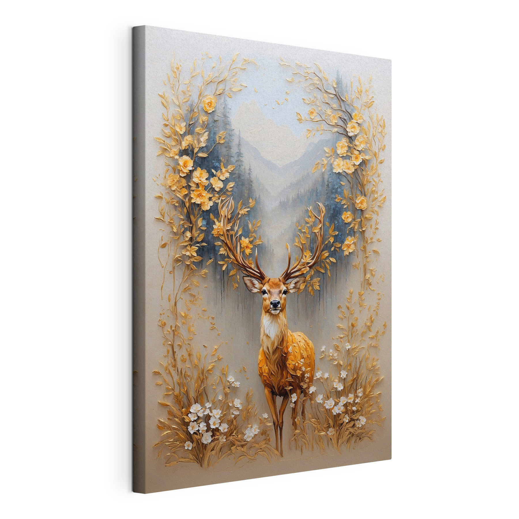 Painting of a deer with flowers and mountains Painting of a deer with flowers and mountains