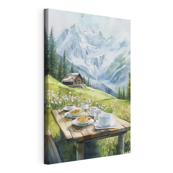 Tableaux Table avec des assiettes de nourriture et des tasses, avec des montagnes en arrière-plan