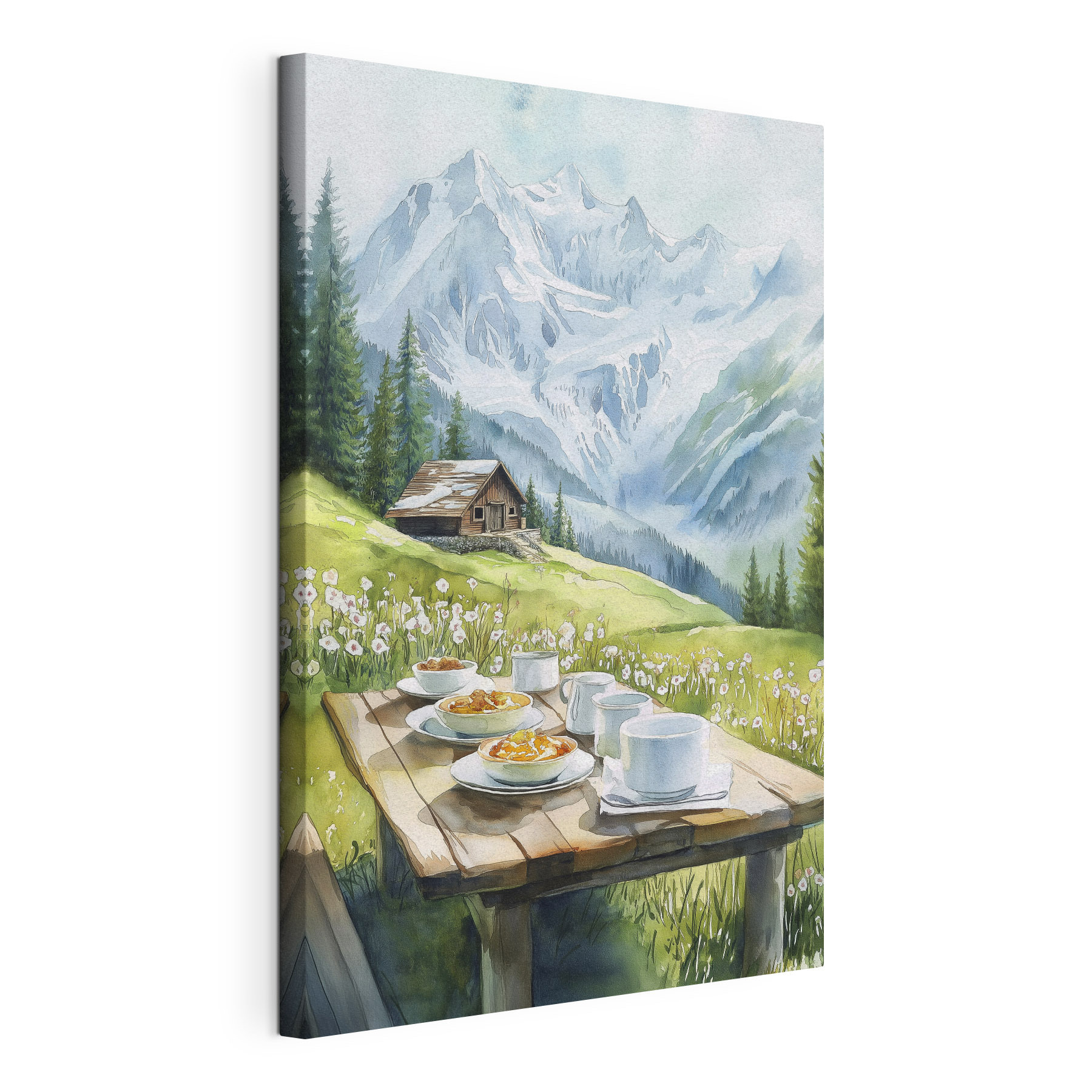 Table with plates of food and cups on it with mountains in the background