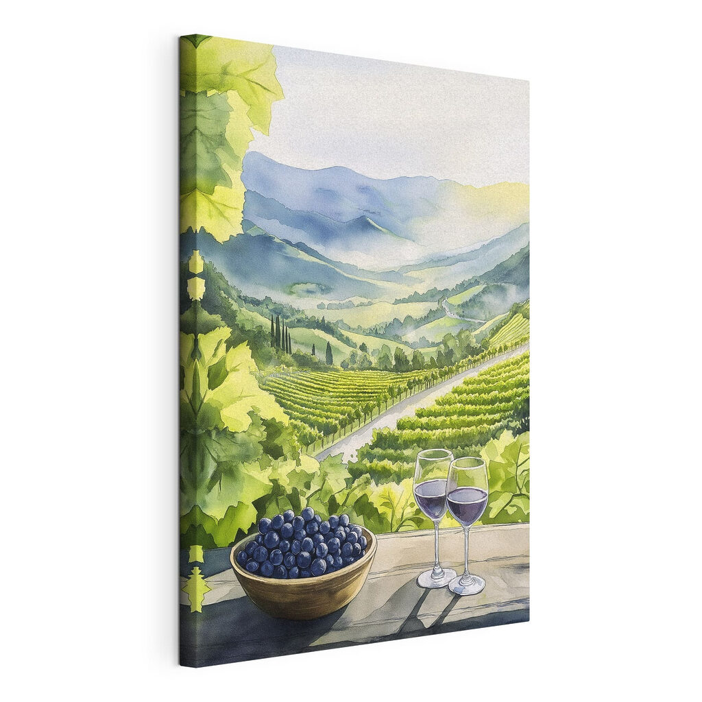 Painting of wine glasses and grapes on a table in front of a vineyard