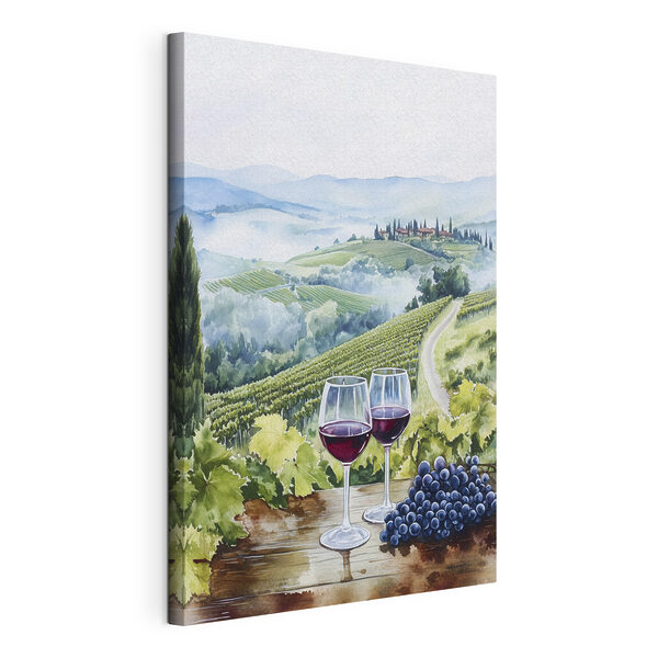 Aquarelle de verres à vin sur une table avec des raisins et des collines en arrière-plan Tableaux Aquarelle de verres à vin sur une table avec des raisins et des collines en arrière-plan